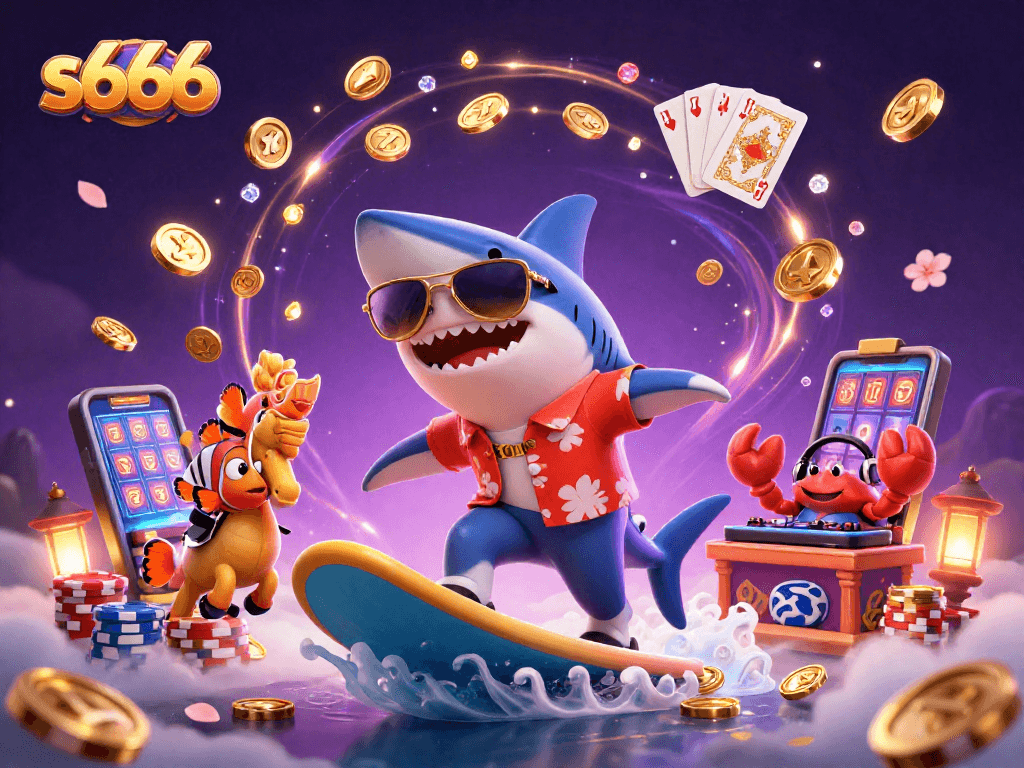 Engage in thrilling gaming adventures with s666, featuring cartoon characters amidst a flurry of casino excitement.