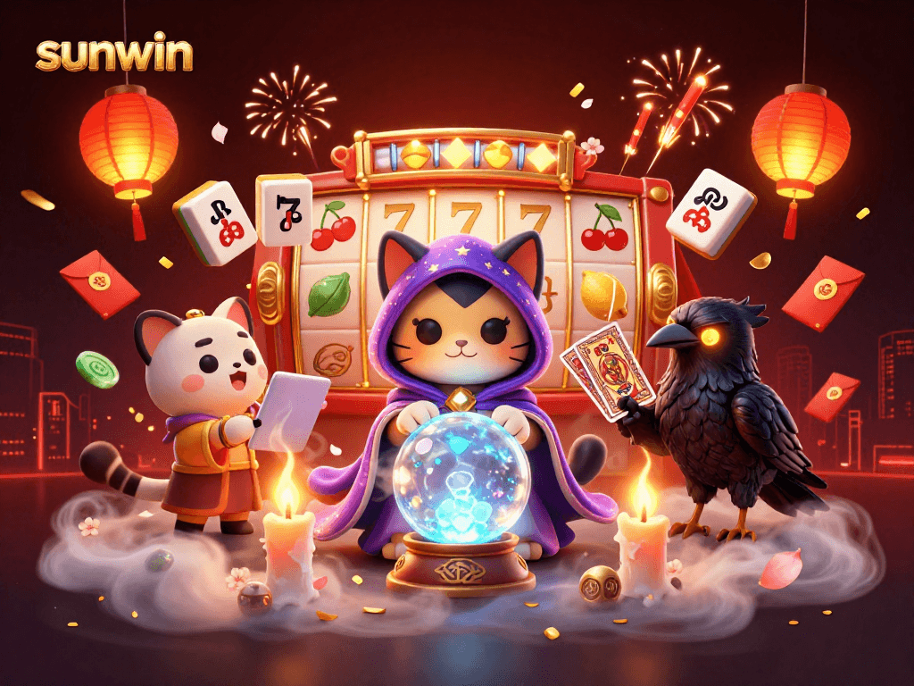 Engage with sunwin’s thrilling slots featuring a mystic cat and raven amidst magical elements.