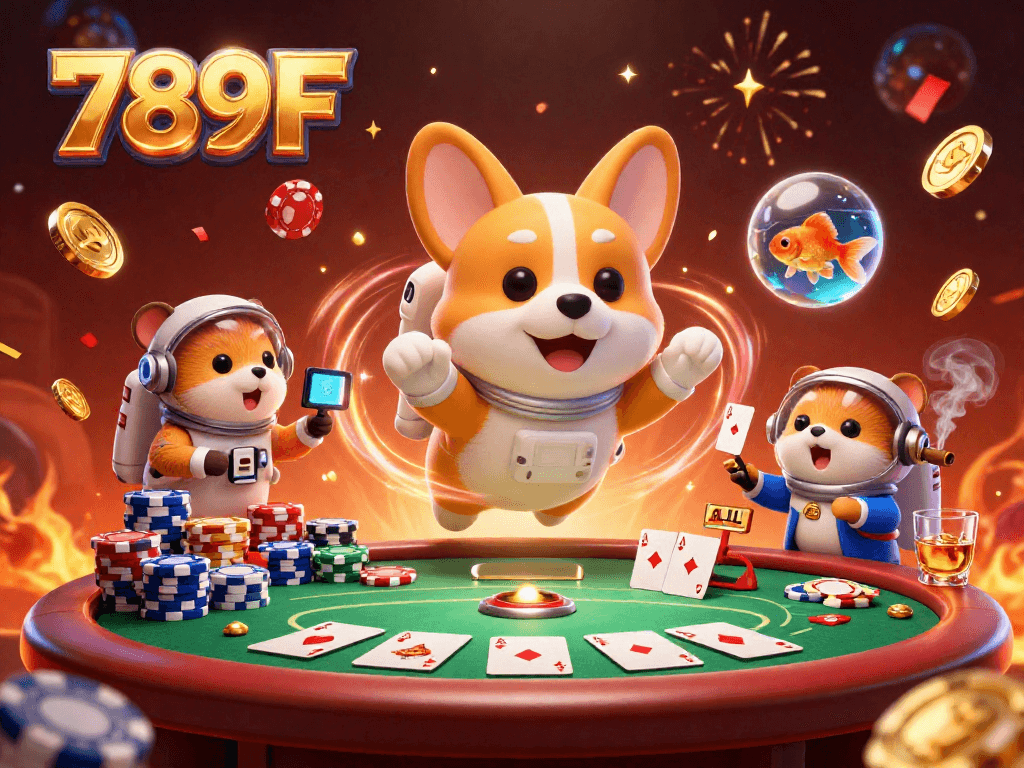 Engage with 789F as a playful astronaut corgi floats in a vibrant casino in space.