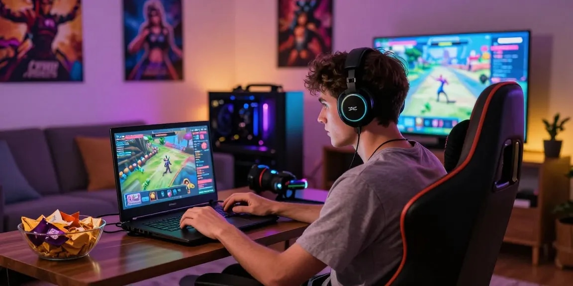 Person enjoying sex games online in cozy living room setting with LED lights and gaming setup.