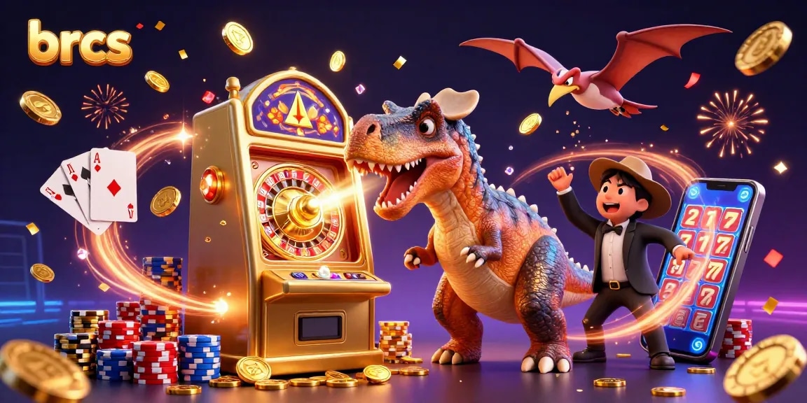 brcs casino illustration of a dinosaur headbutting a slot machine, coins flying everywhere