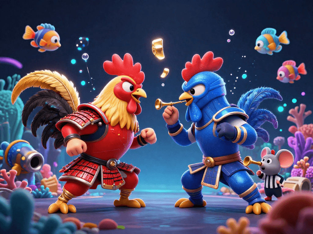 Bắn cá đổi thưởng scene showcasing vibrant underwater roosters in armor amidst coral, highlighting dynamic gameplay.