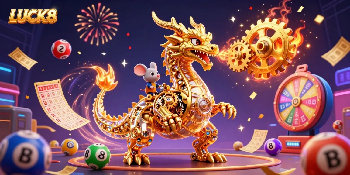 Engage with LUCK8's vibrant casino adventure featuring a golden dragon and dynamic lottery elements.