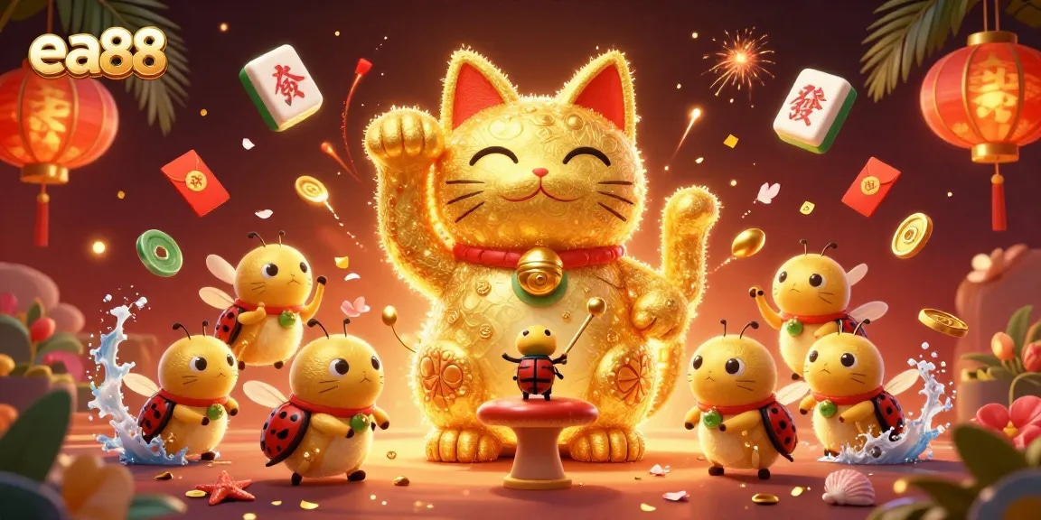 Experience the magic of ea88 as golden fireflies form a lucky cat surrounded by vibrant casino symbols.