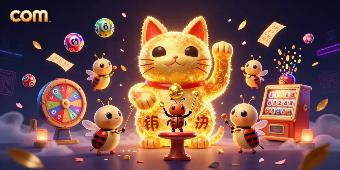 Experience fortune with com's vibrant lottery and casino-themed illustration filled with lucky symbols.
