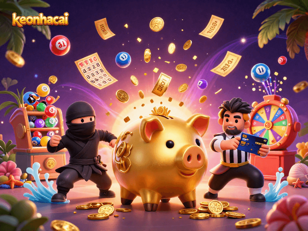 Engage with keonhacai in a vibrant 3D casino scene featuring a sumo piggy bank, dynamic lottery elements.