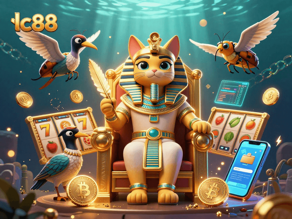 Spin the reels at lc88 with an Egyptian pharaoh cat and vibrant slot elements in a dynamic casino scene.