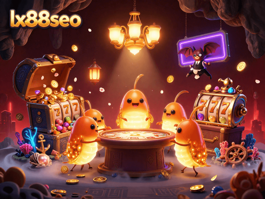 Engage in a vibrant online casino experience with lx88seo's glowworms illuminating a cave-themed gambling scene.
