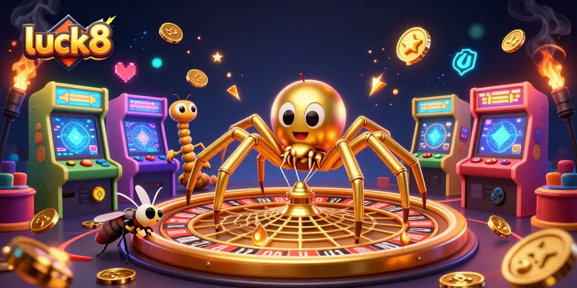 Experience exciting gaming with luck8, where a golden spider spins a roulette wheel web amidst vibrant arcade elements.