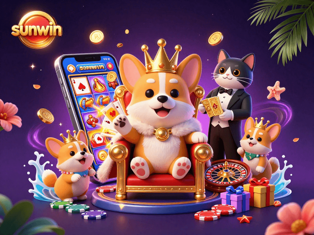 Experience thrilling gameplay with sunwin, featuring a royal corgi in a vibrant casino scene.