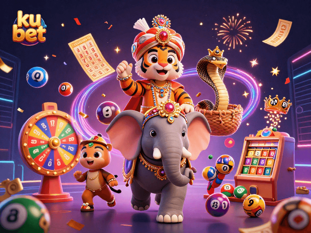 Experience the excitement of ku bet with vibrant lottery balls and gaming elements in this dynamic 3D illustration.