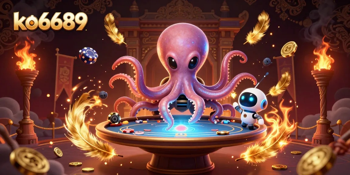 Engage with ko6689's thrilling gambling universe featuring an alien octopus controlling a holographic poker table.