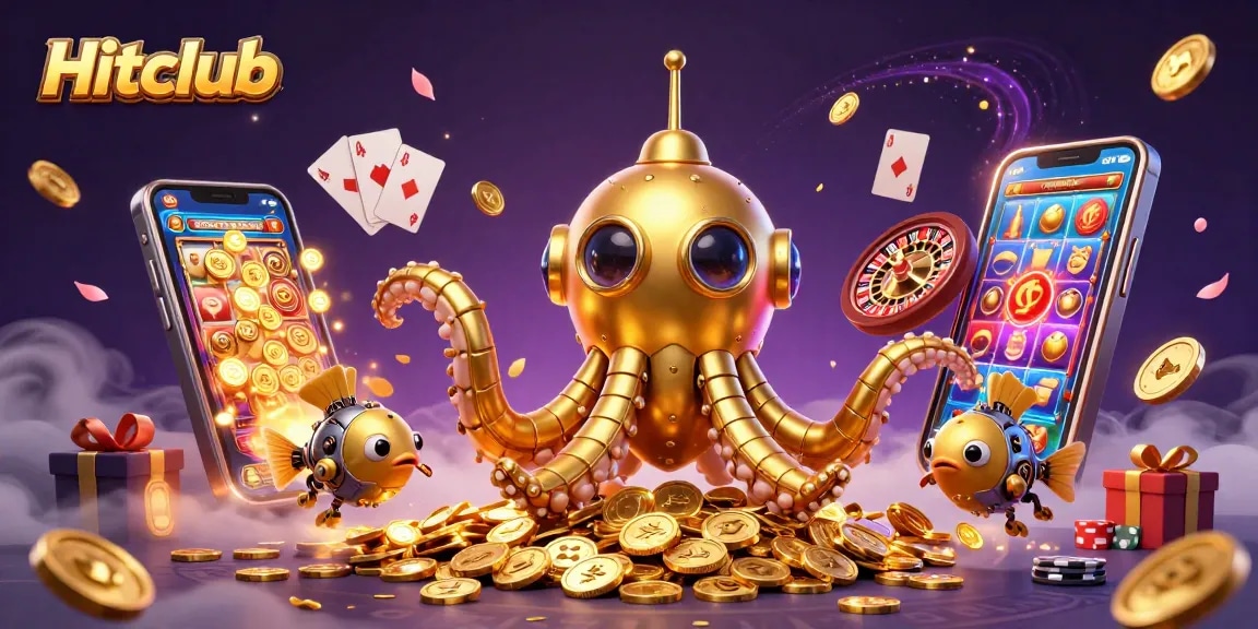 Hitclub showcases a golden kraken submarine amidst coins, encapsulating the thrill of online gaming.