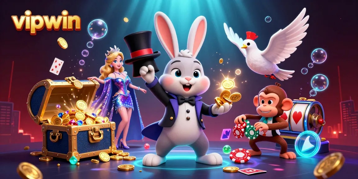 Engage in thrilling gameplay with vipwin's captivating casino adventures featuring a magician rabbit and playful elements.
