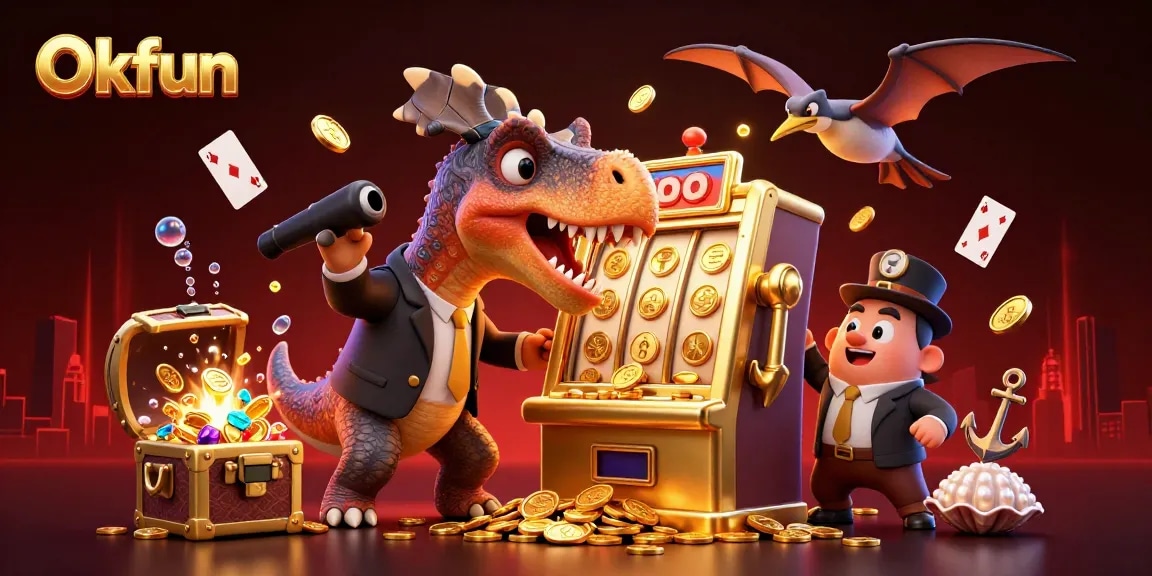 Experience Okfun as a pachycephalosaurus hits a slot machine, creating a jackpot of coins!