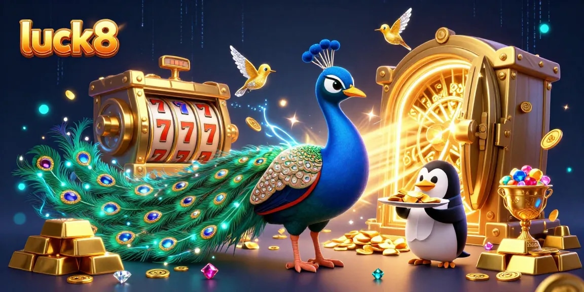 Experience the excitement of luck8 with vibrant jewels, slot reels, and a dynamic casino scene featuring a peacock and a penguin.