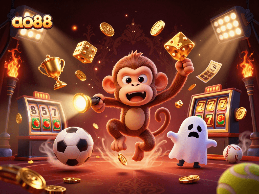 Experience the thrill at ao88's haunted casino with a playful poltergeist monkey and ghost-hunter puppy.
