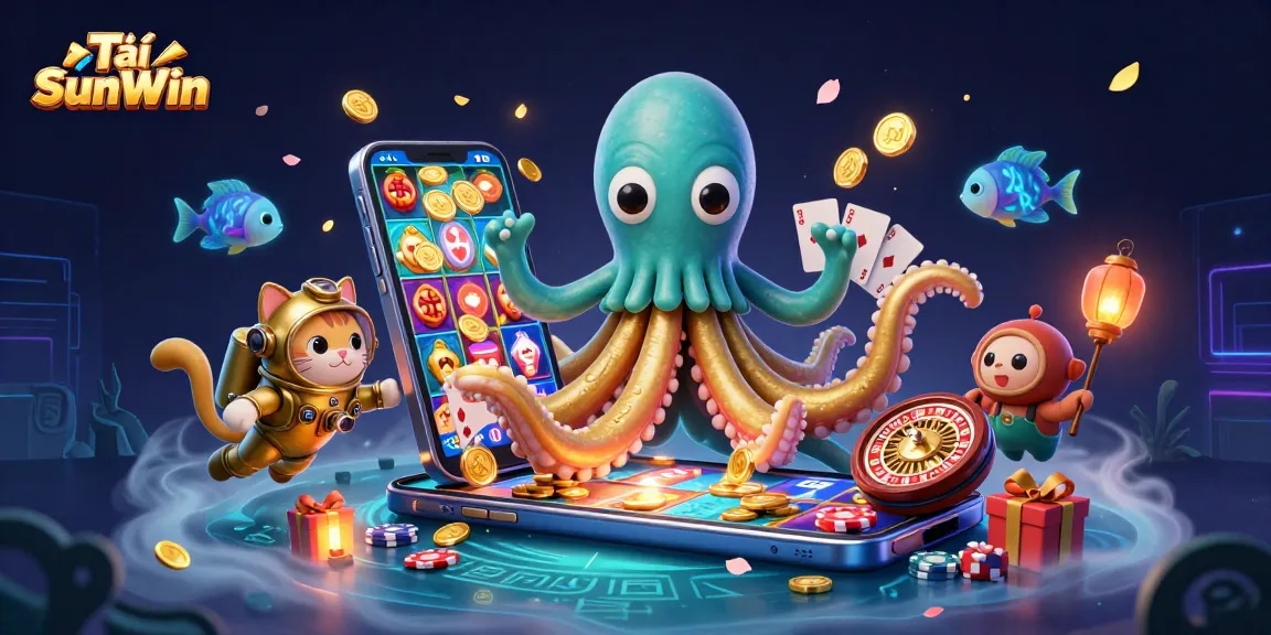 Tải SunWin and join the adventure of a kraken and diving cat in a vibrant casino ocean scene.