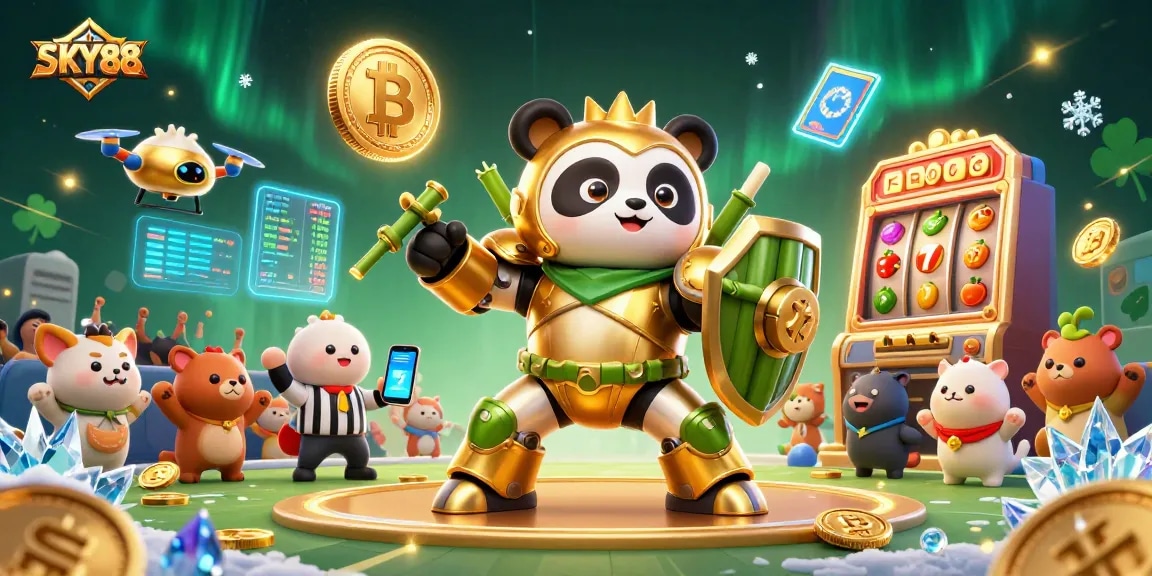 Experience the excitement of SKY88 with a golden panda in a thrilling casino showdown.