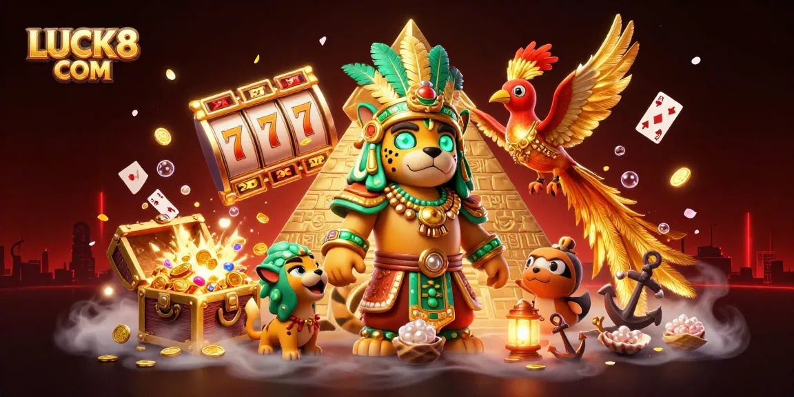 Experience thrilling jackpots at LUCK8 COM with a vibrant 3D casino scene featuring lucky symbols.