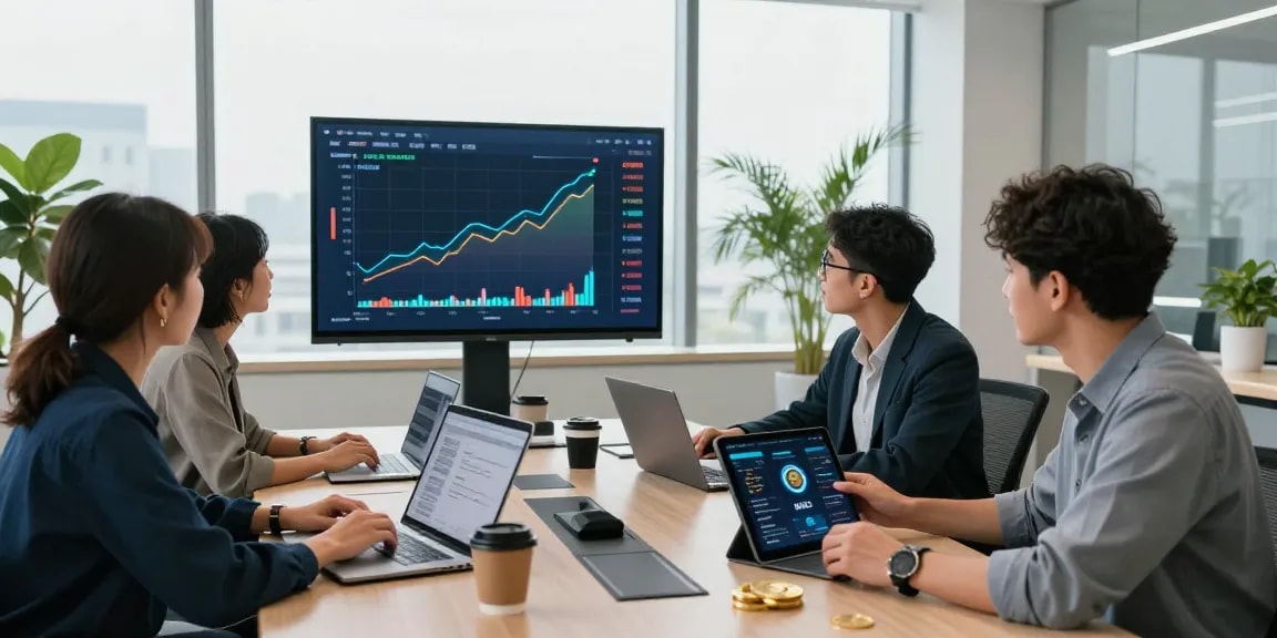 Investors discussing how to Buy BRICS coins in a modern office setting, showcasing cryptocurrency trends.