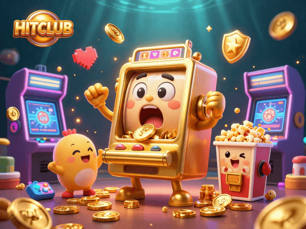 HITCLUB showcases a vibrant jackpot scene with a golden slot machine celebrating wins and cheering machines.