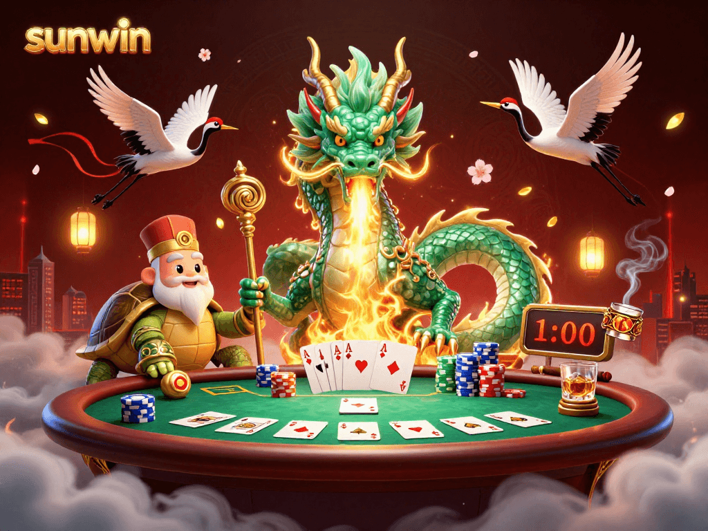 Experience sunwin excitement with a vibrant 3D illustration of a dragon and turtles amid poker elements.
