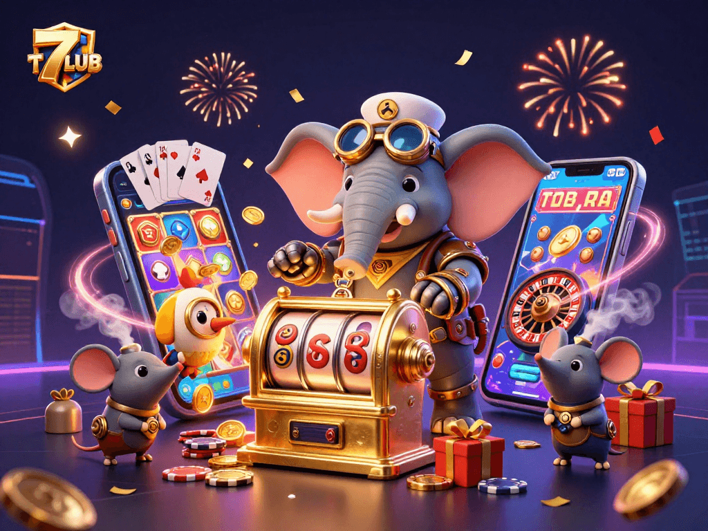 Experience thrilling gameplay at 7CLUB with a captivating steampunk elephant operating a golden slot machine.