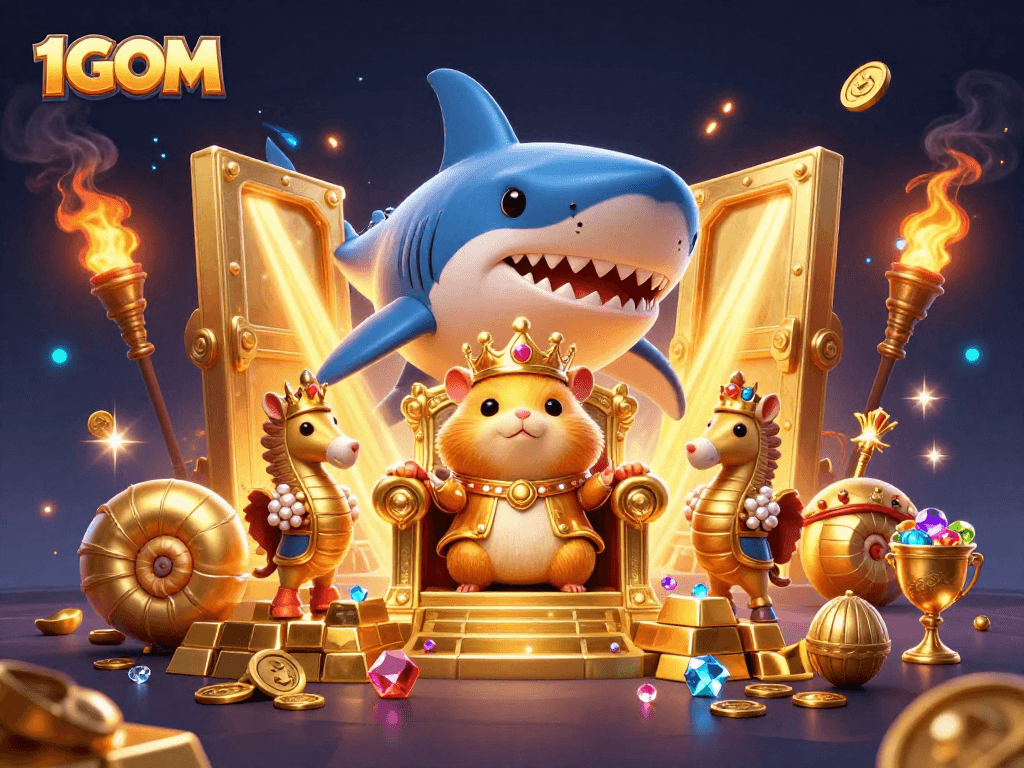 Experience the excitement of 1GOM with a fierce hamster king surrounded by treasures.