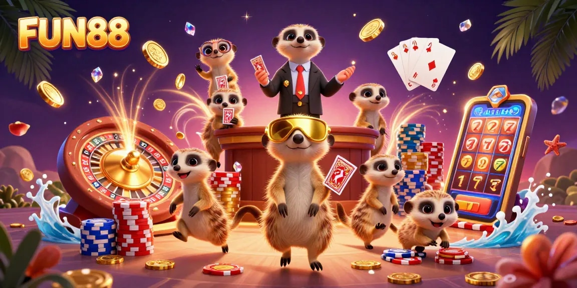 Engage in thrilling casino fun with FUN88’s vibrant meerkat-themed gaming illustration.