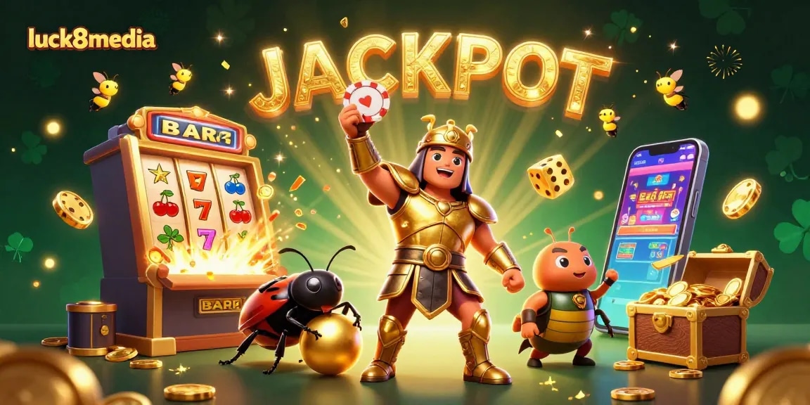 Experience the excitement of luck8media with vibrant casino gameplay featuring a cartoon beetle and golden jackpot effects.