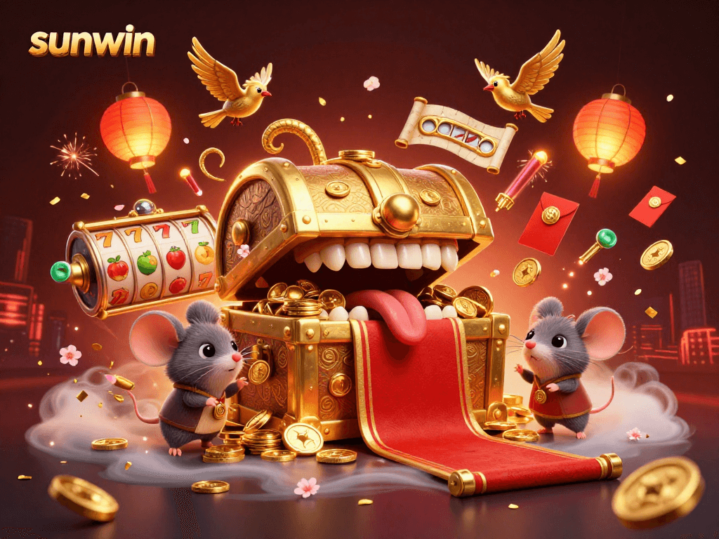 Experience sunwin's thrilling world of slots with a golden treasure chest and vibrant casino elements.