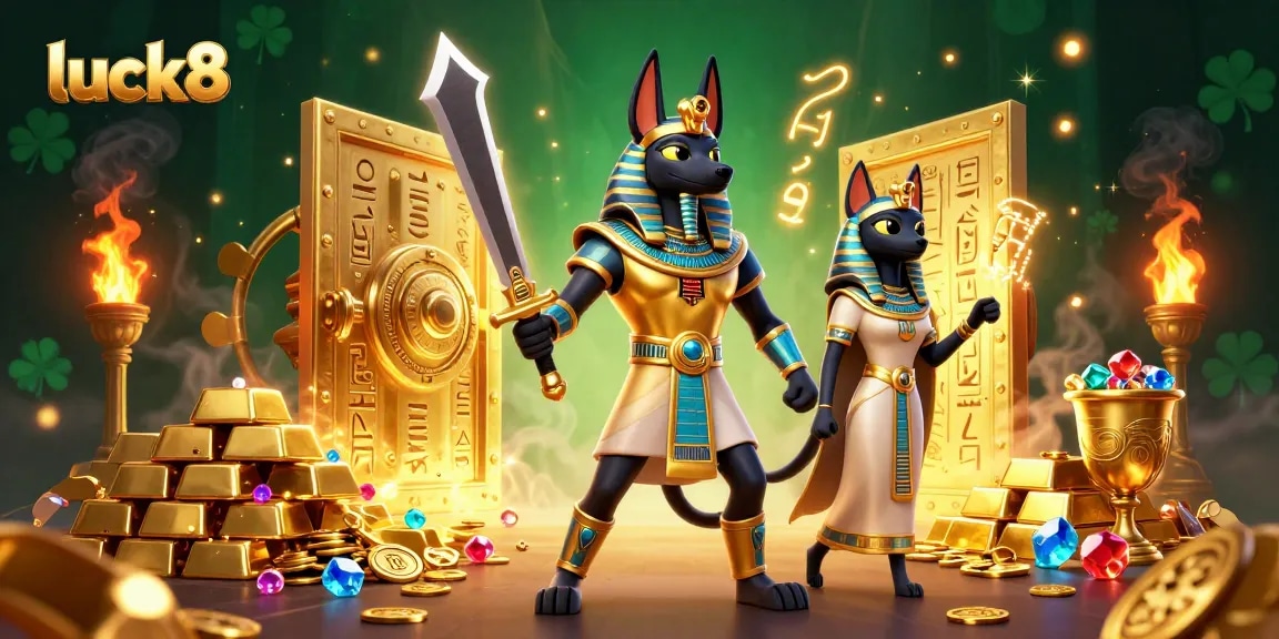 Join luck8 in a vibrant illustration of Anubis and Bastet amid sparkling casino treasures.