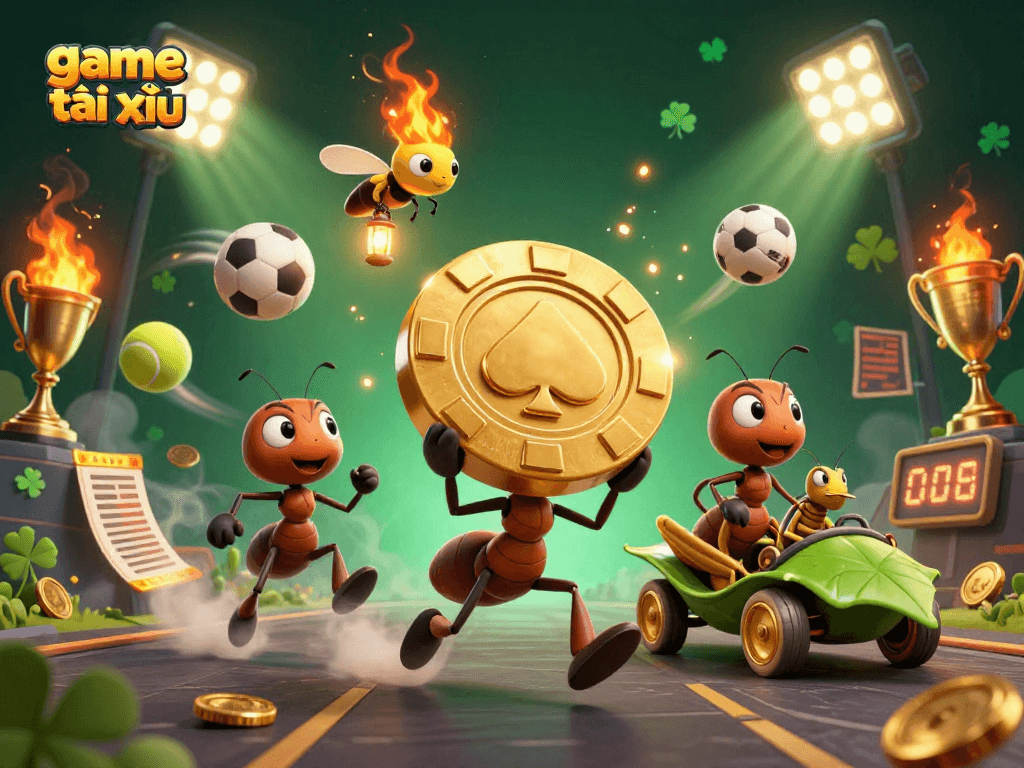 Engage in the thrilling game tài xỉu with dynamic cartoon ants on a heist scene filled with sports elements.