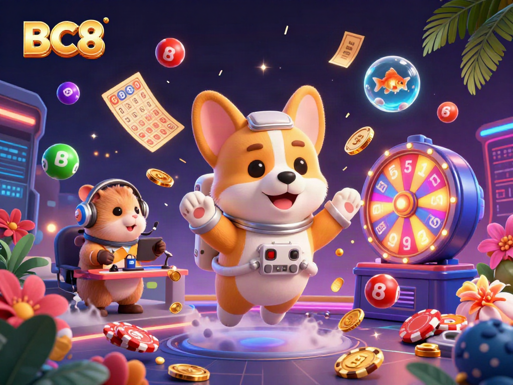 Experience the vibrant BC8 casino universe with an astronaut corgi and colorful game elements.