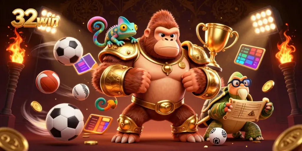 32win gorilla king leads a thrilling casino adventure surrounded by dynamic sports elements.