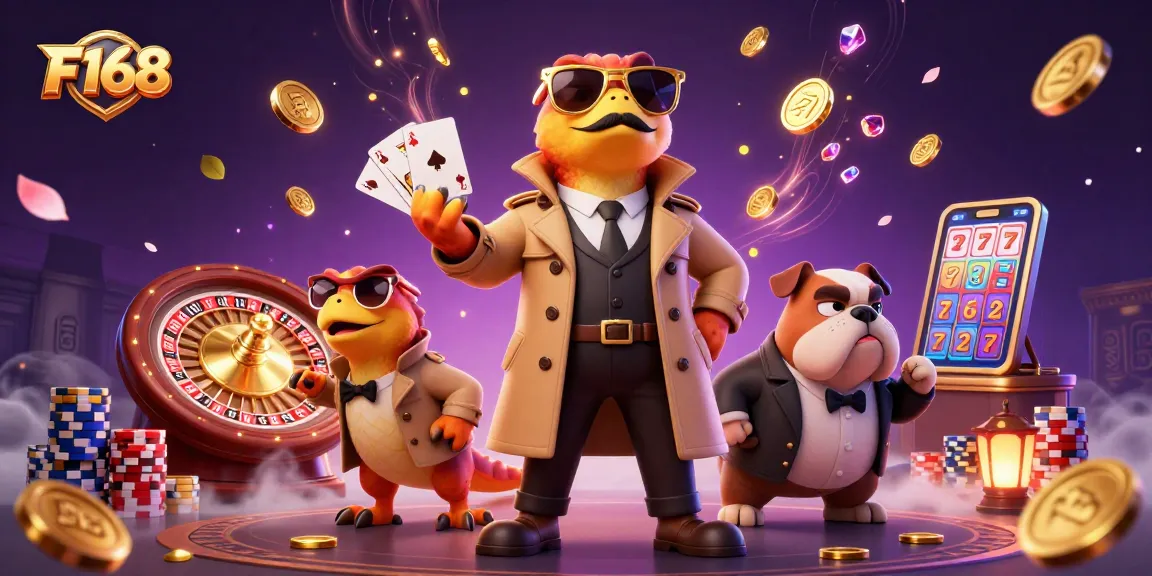 Experience thrilling gameplay at F168 with cartoon raptors at a VIP casino lounge surrounded by dazzling casino elements.