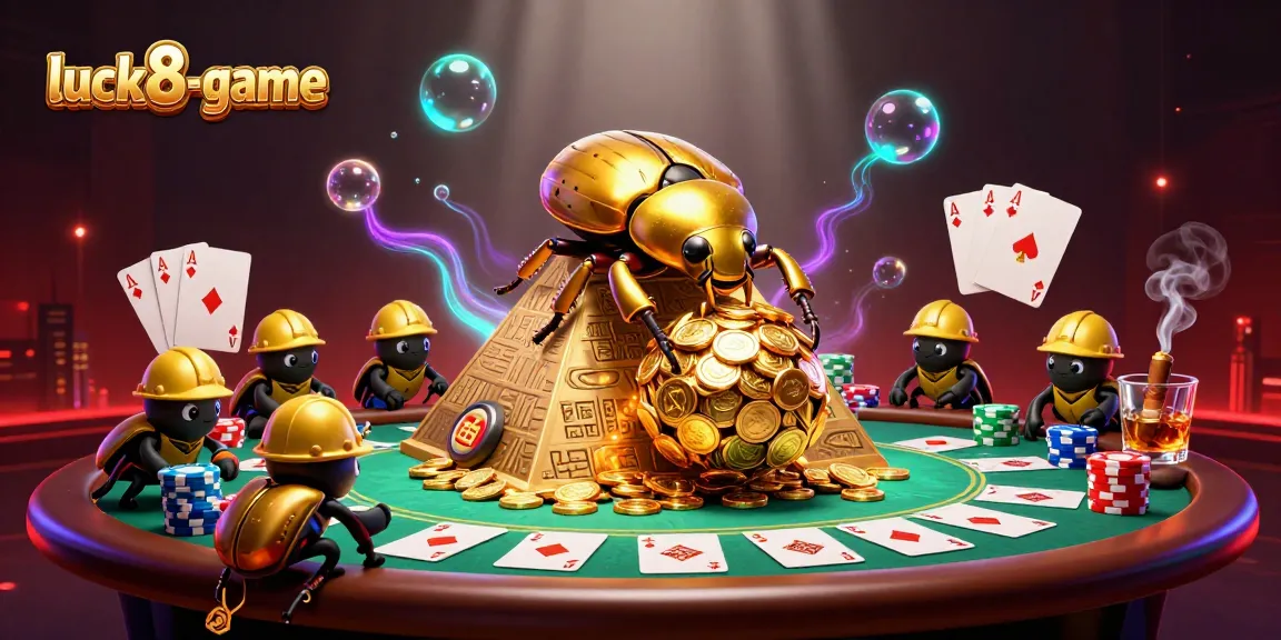 Experience luck8-game's vibrant casino adventure with golden beetles and poker excitement.