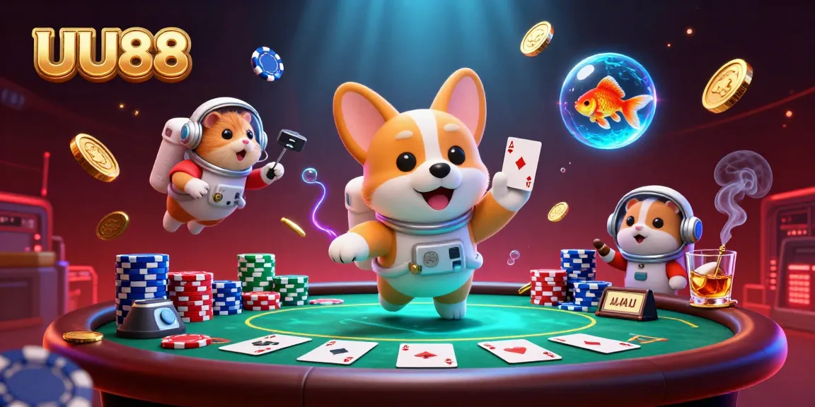 UU88 delivers an exciting gaming experience with floating poker chips and corgi astronauts in this lively digital casino.