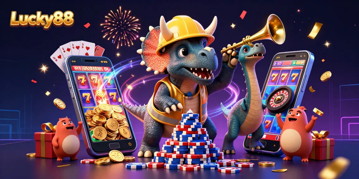 Lucky88 slot action with triceratops building poker chips and vibrant game elements around.
