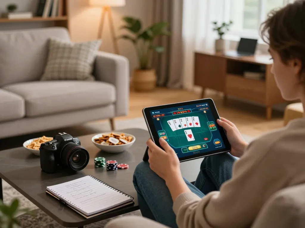 Win68 player enjoying online gambling at home on tablet during cozy evening.