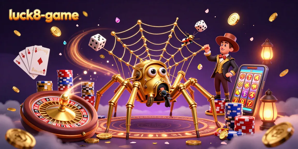 Engage in luck8-game excitement with a steampunk spider catching dice in a casino adventure.