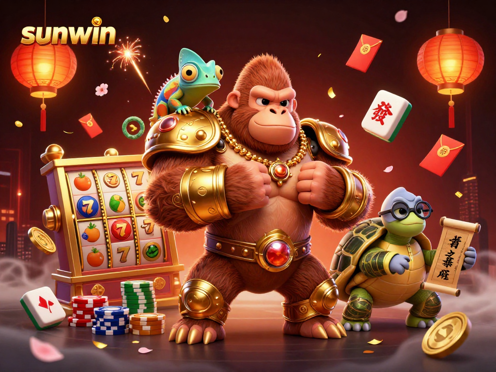 Experience sunwin's animated casino world with a gorilla king and his companions in a vibrant scene.