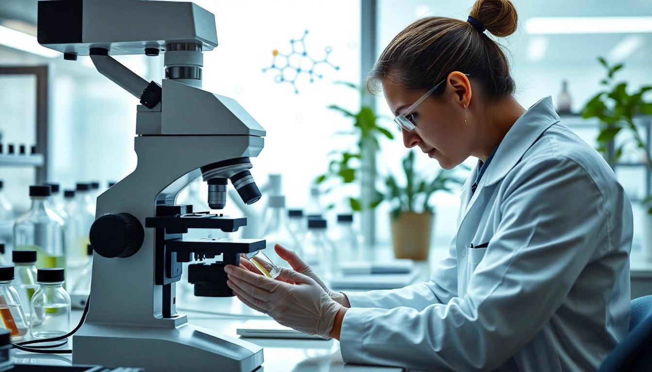 Analyzing peptides in a high-tech laboratory setting with a researcher focused on molecular studies.