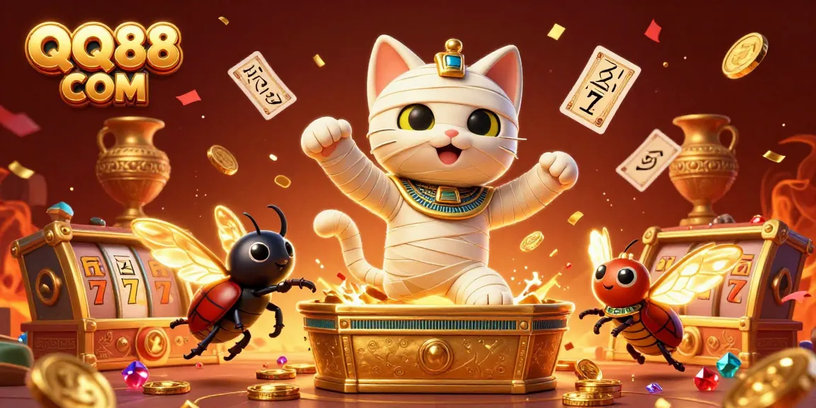 Play exciting casino games at QQ88 COM with a vibrant scene of a mummy cat and treasures!