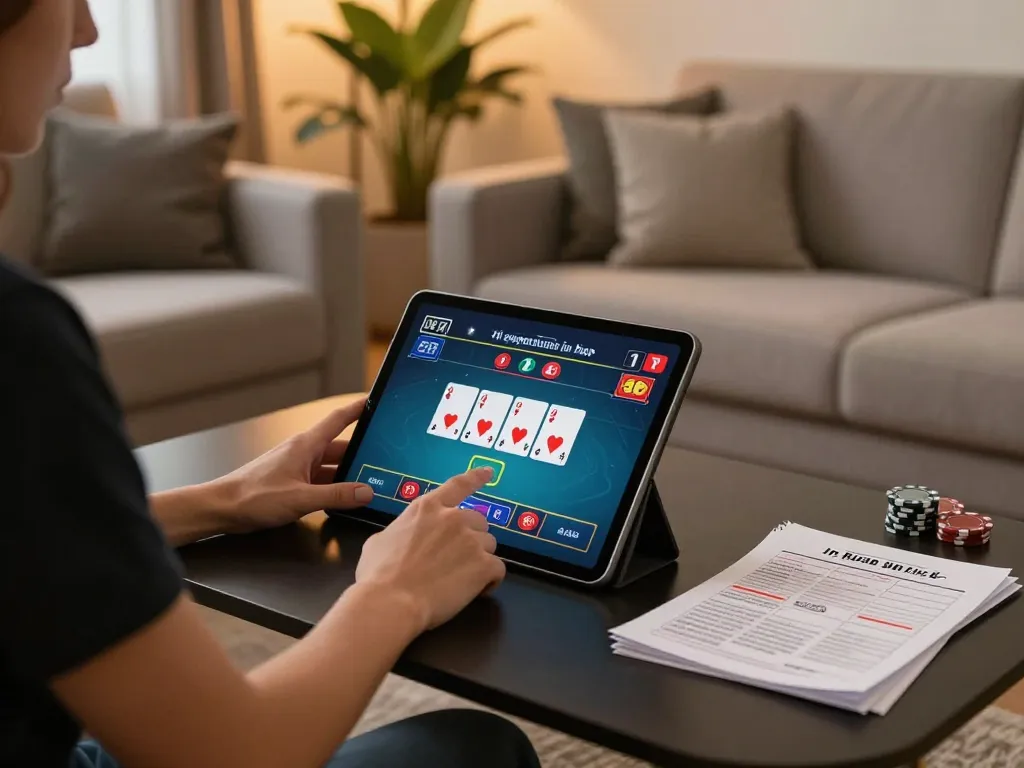 Player using open88ss for a live poker game on a tablet, showcasing responsible gaming atmosphere