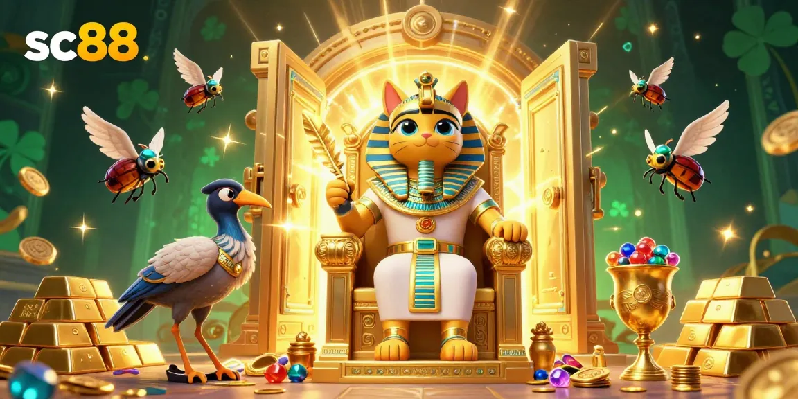 Experience winning with sc88 in this vibrant 3D casino illustration featuring Egyptian themes and treasures.