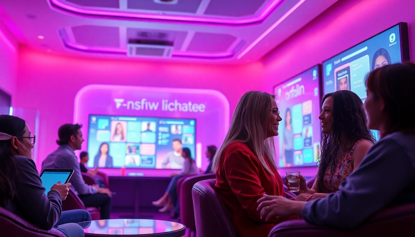 Interactive digital lounge showcasing nsfw chat ai avatars in a vibrant, tech-inspired setting.