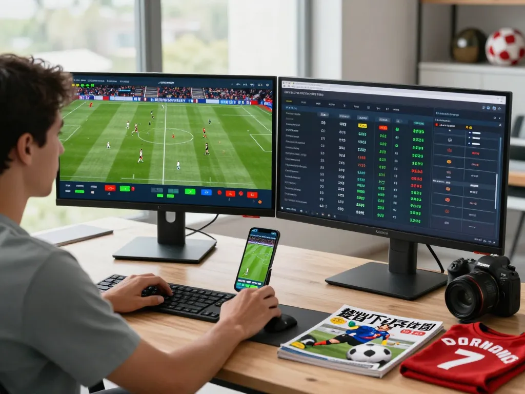 Live kqbd scores being analyzed by a sports analyst in a bright digital workspace with monitors showing real-time football statistics.