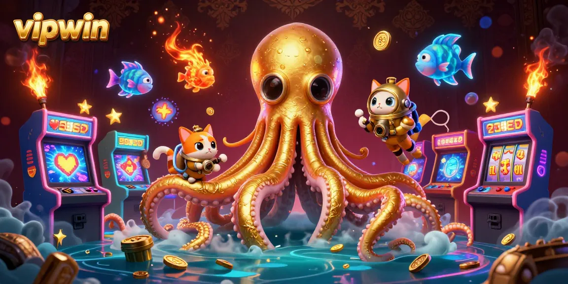 Experience thrilling gaming at vipwin with a colossal kraken amidst colorful casino elements.